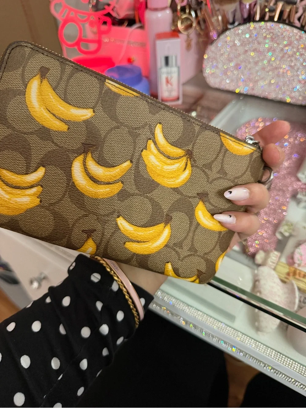 New.Coach Brown Signature Canvas Wristlet with Yellow Banana Print